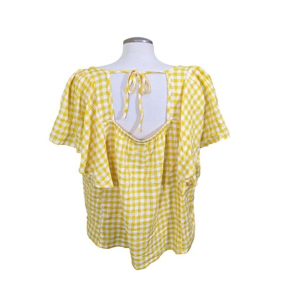 Old Navy Linen Blend Top Blouse Womens Plus 2X Yellow Gingham Tie Back Peasant - Picture 4 of 10